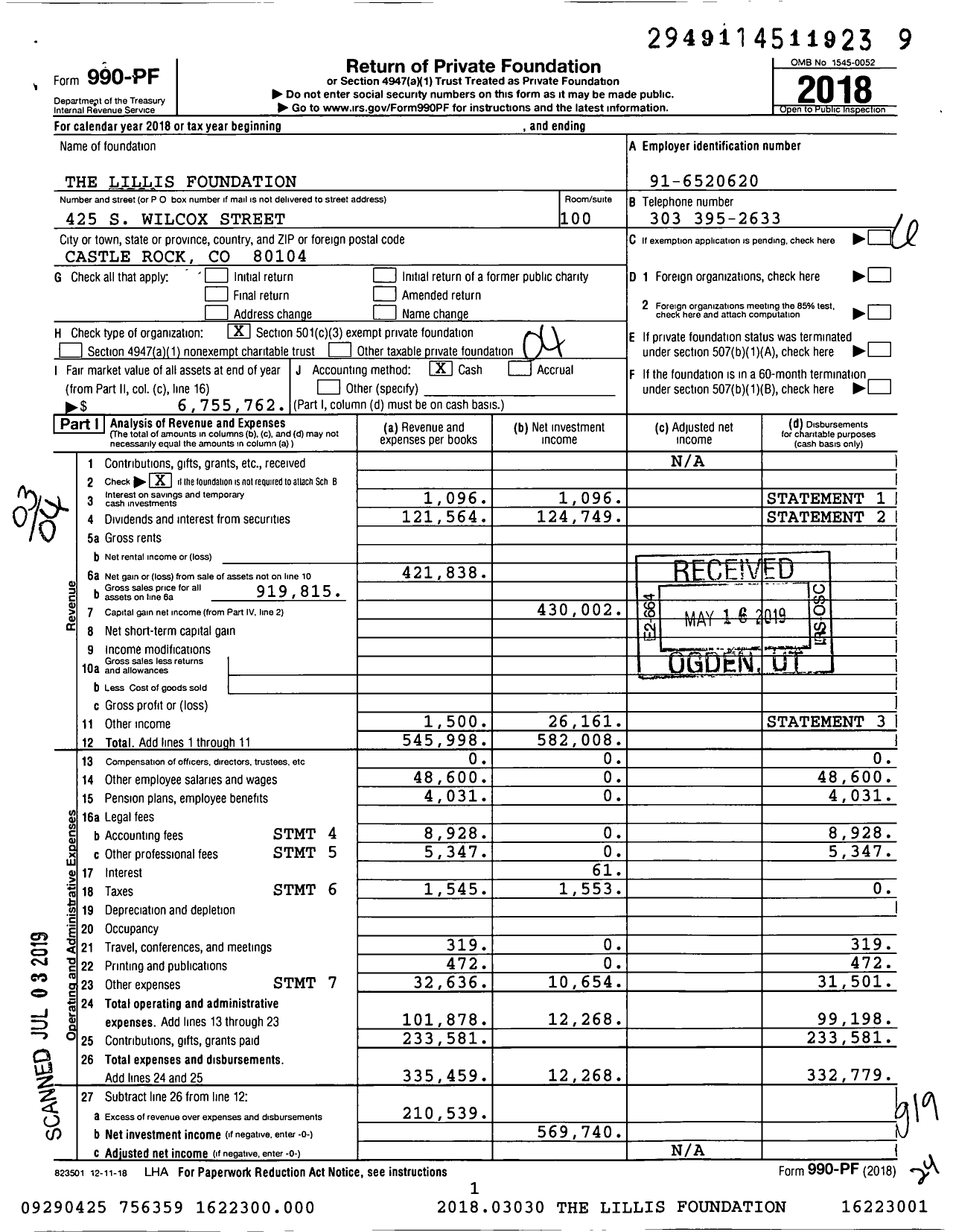 Image of first page of 2018 Form 990PF for Lillis Foundation