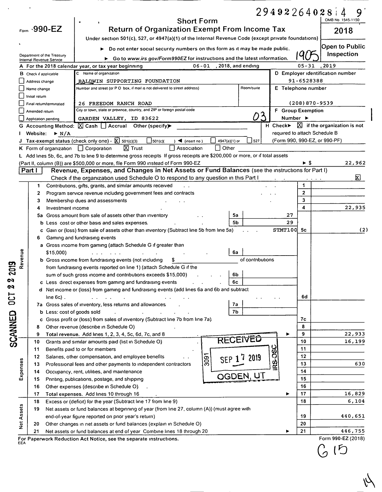 Image of first page of 2018 Form 990EZ for Baldwin Supporting Foundation