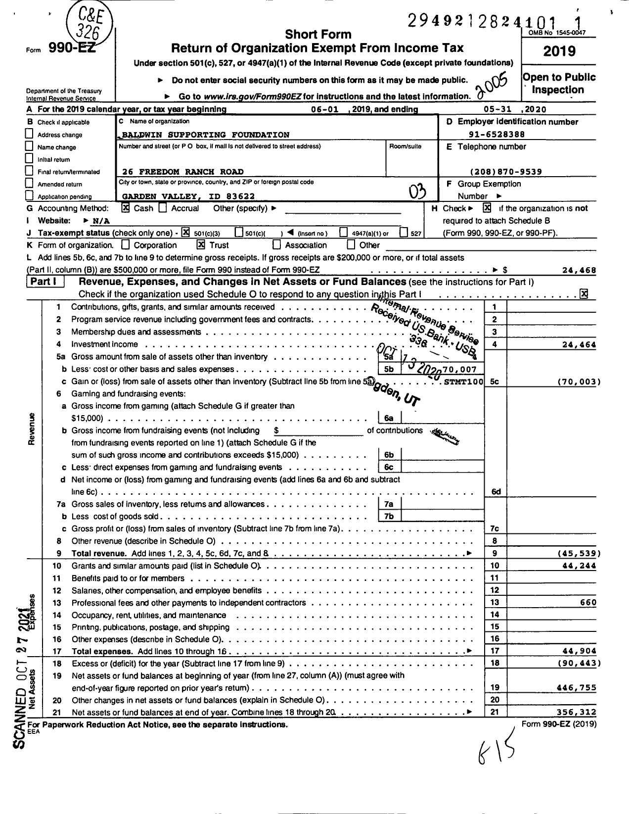 Image of first page of 2019 Form 990EZ for Baldwin Supporting Foundation