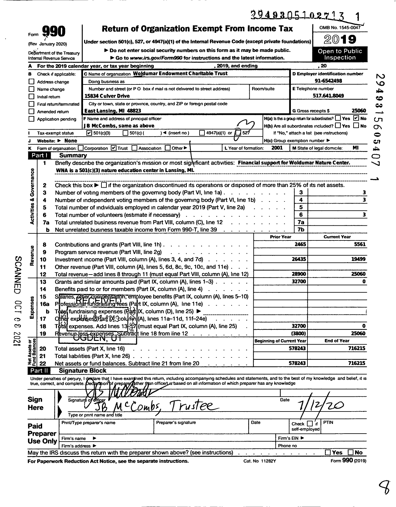 Image of first page of 2019 Form 990 for Woldumar Endowment Charitable Trust