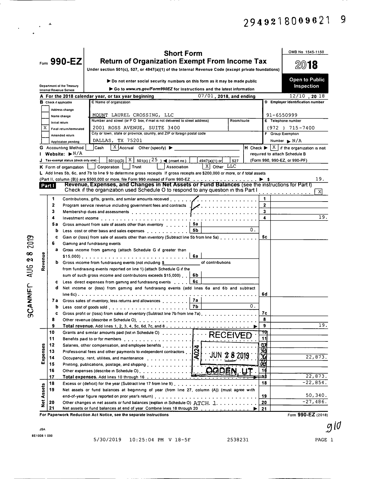 Image of first page of 2018 Form 990EO for Mount Laurel Crossing (LLC)