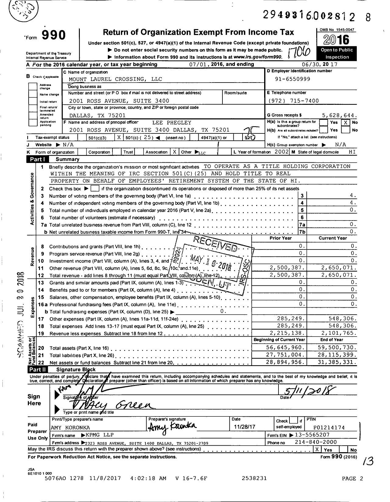 Image of first page of 2016 Form 990O for Mount Laurel Crossing (LLC)