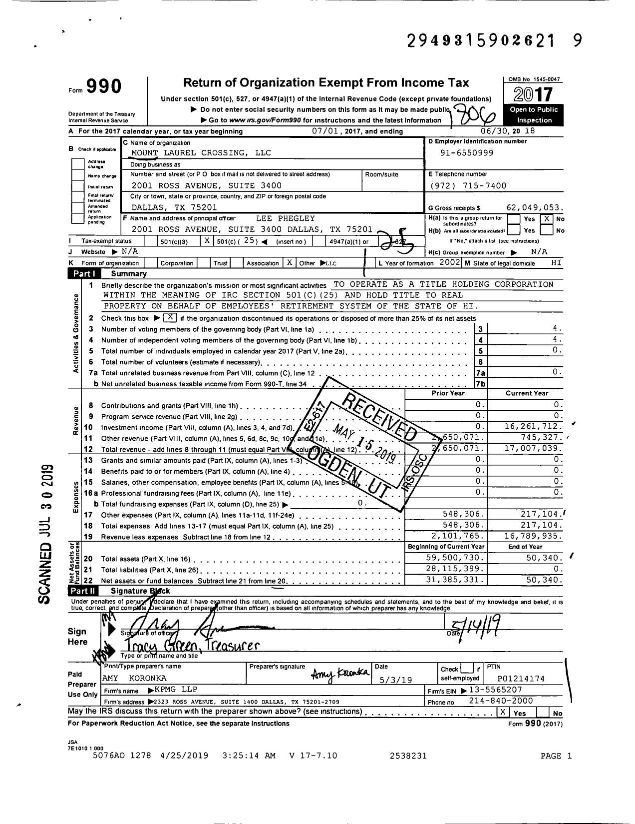 Image of first page of 2017 Form 990O for Mount Laurel Crossing (LLC)