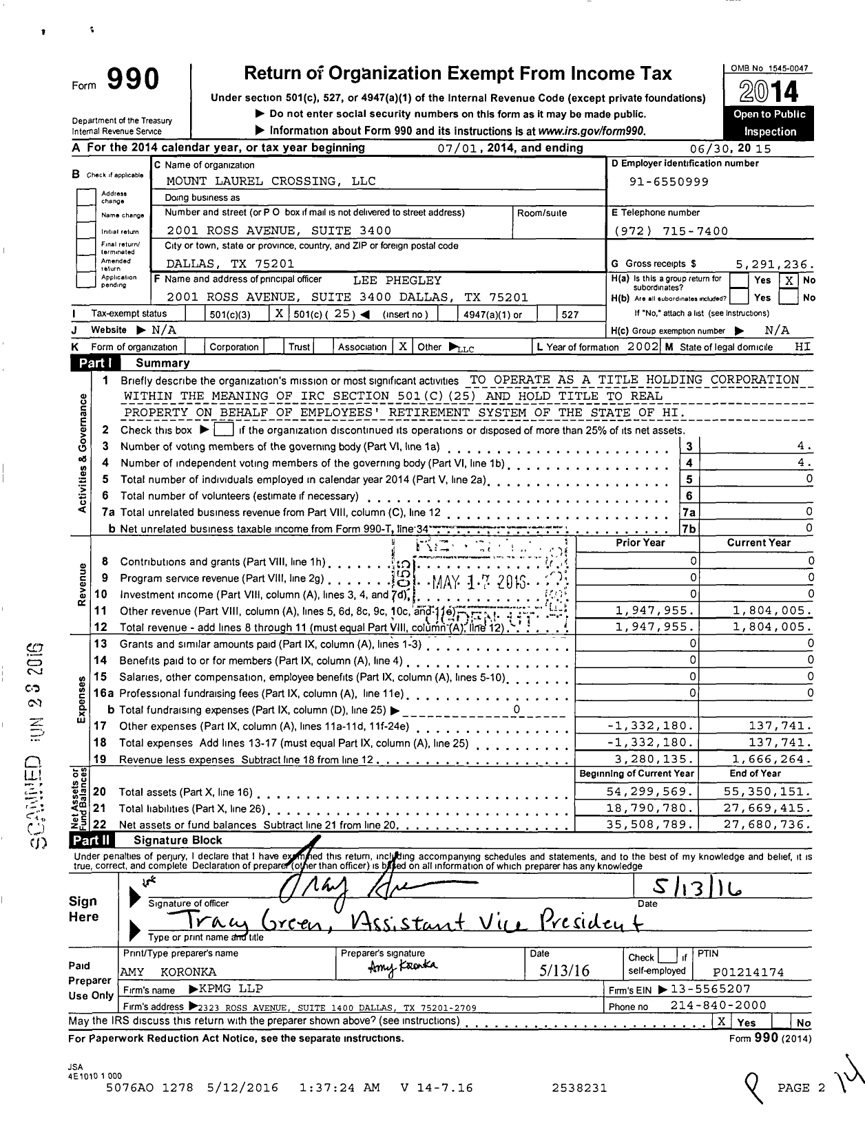 Image of first page of 2014 Form 990O for Mount Laurel Crossing (LLC)