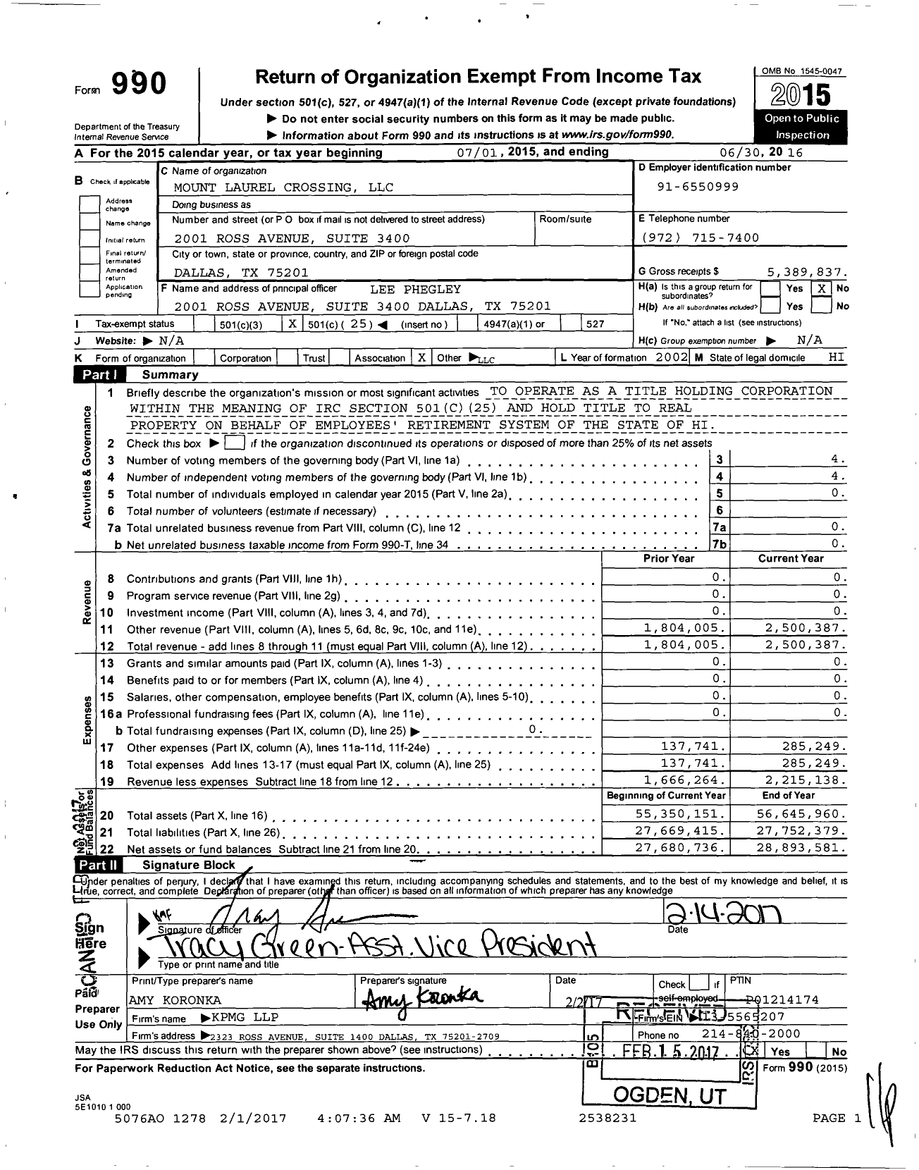Image of first page of 2015 Form 990O for Mount Laurel Crossing (LLC)