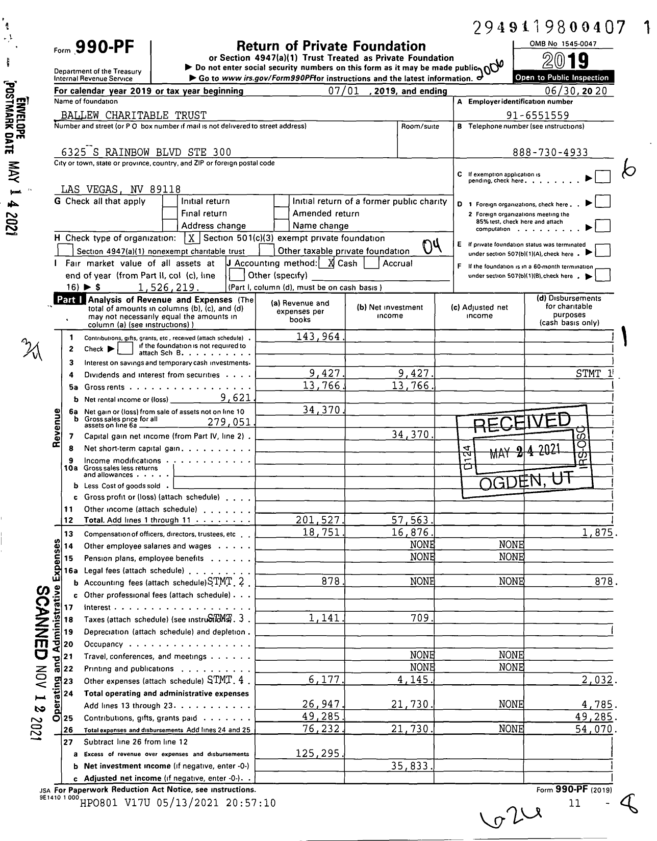 Image of first page of 2019 Form 990PF for Ballew Charitable Trust