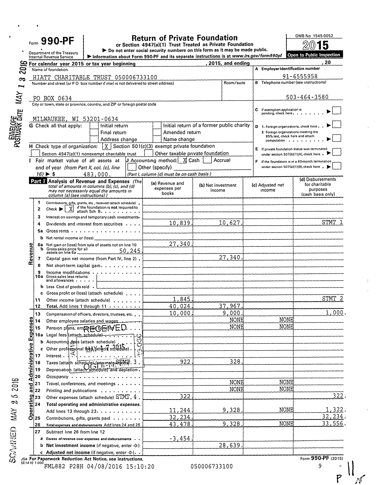 Image of first page of 2015 Form 990PF for Hiatt Charitable Trust