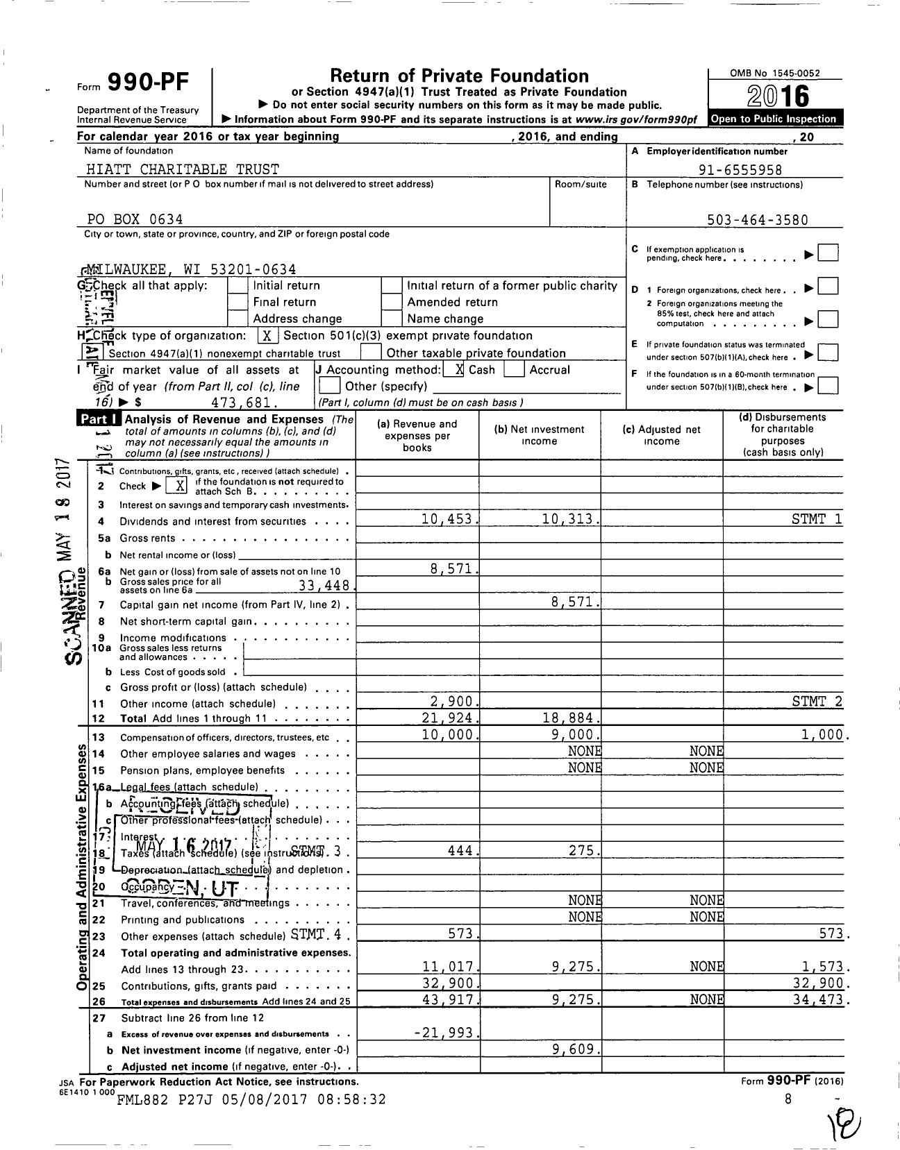 Image of first page of 2016 Form 990PF for Hiatt Charitable Trust