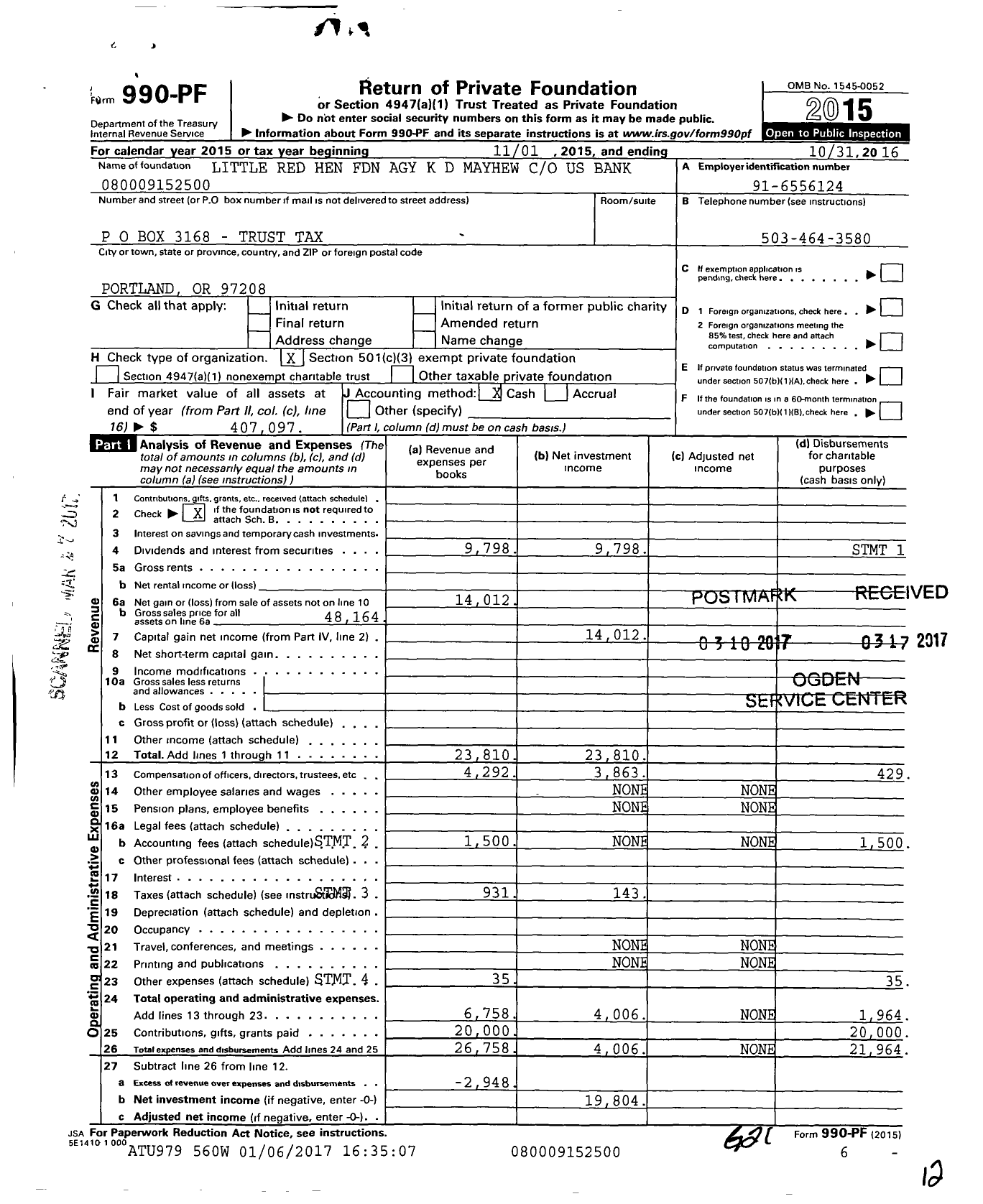 Image of first page of 2015 Form 990PF for Little Red Hen Foundation Agy K D Mayhew Us Bank