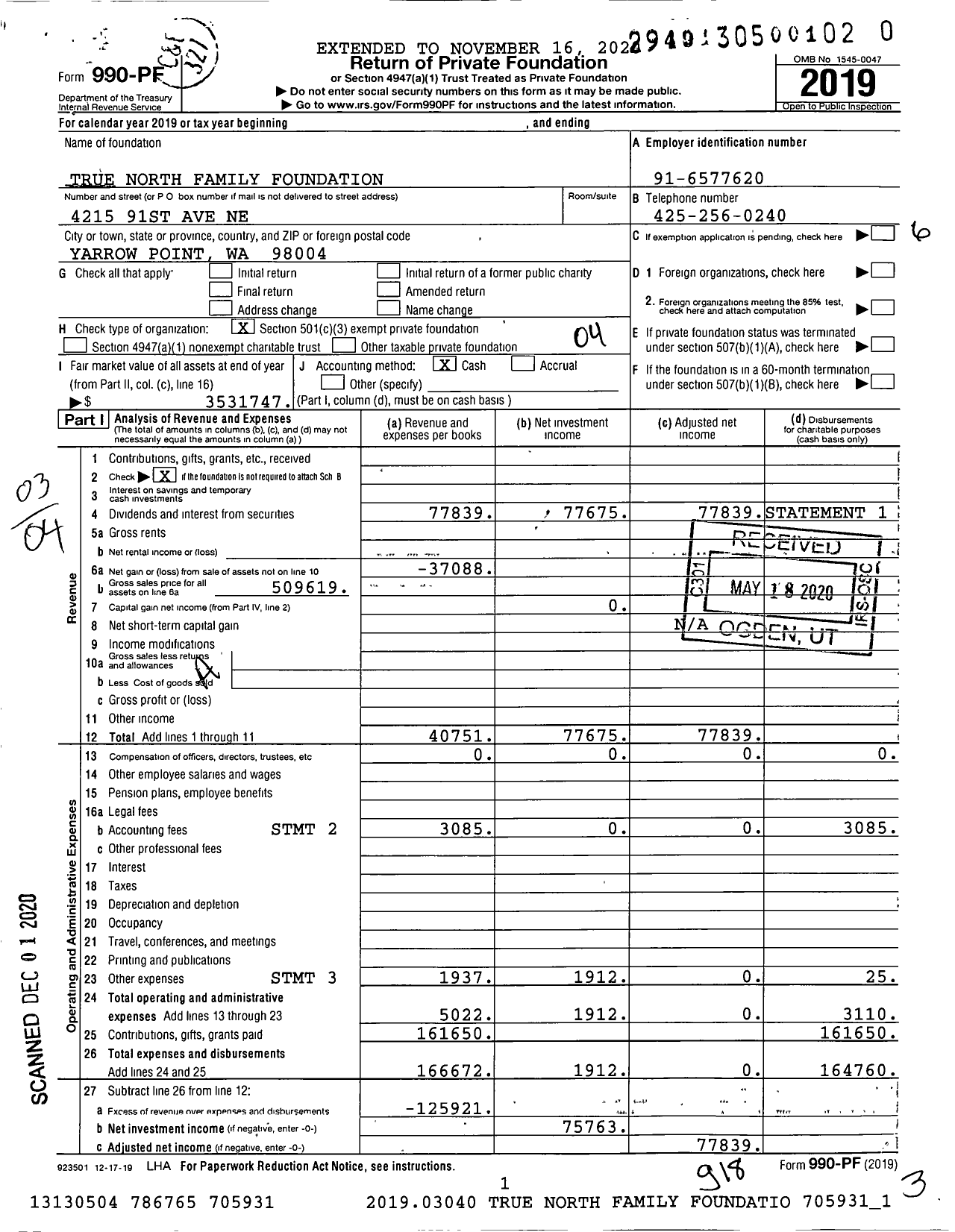 Image of first page of 2019 Form 990PF for True North Family Foundation / Wilkerson Robert & Betty Ttee