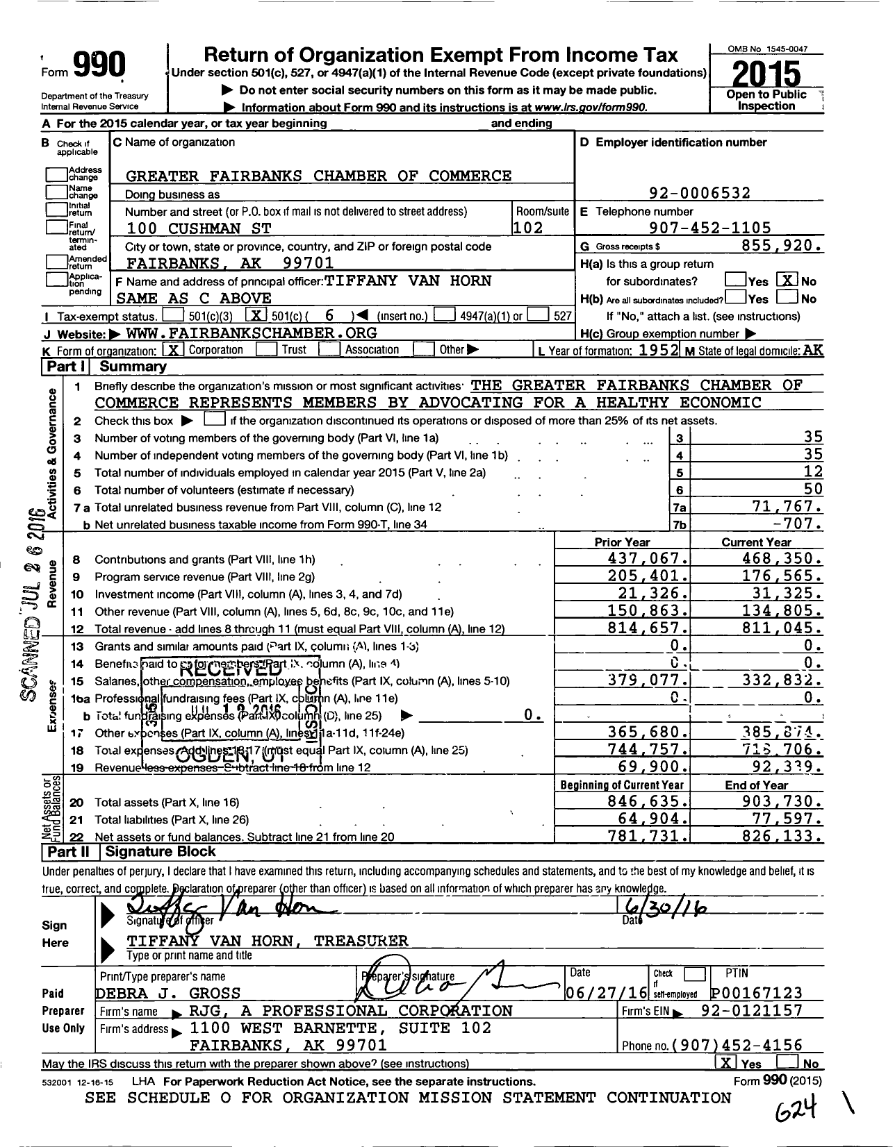 Image of first page of 2015 Form 990O for Greater Fairbanks Chamber of Commerce
