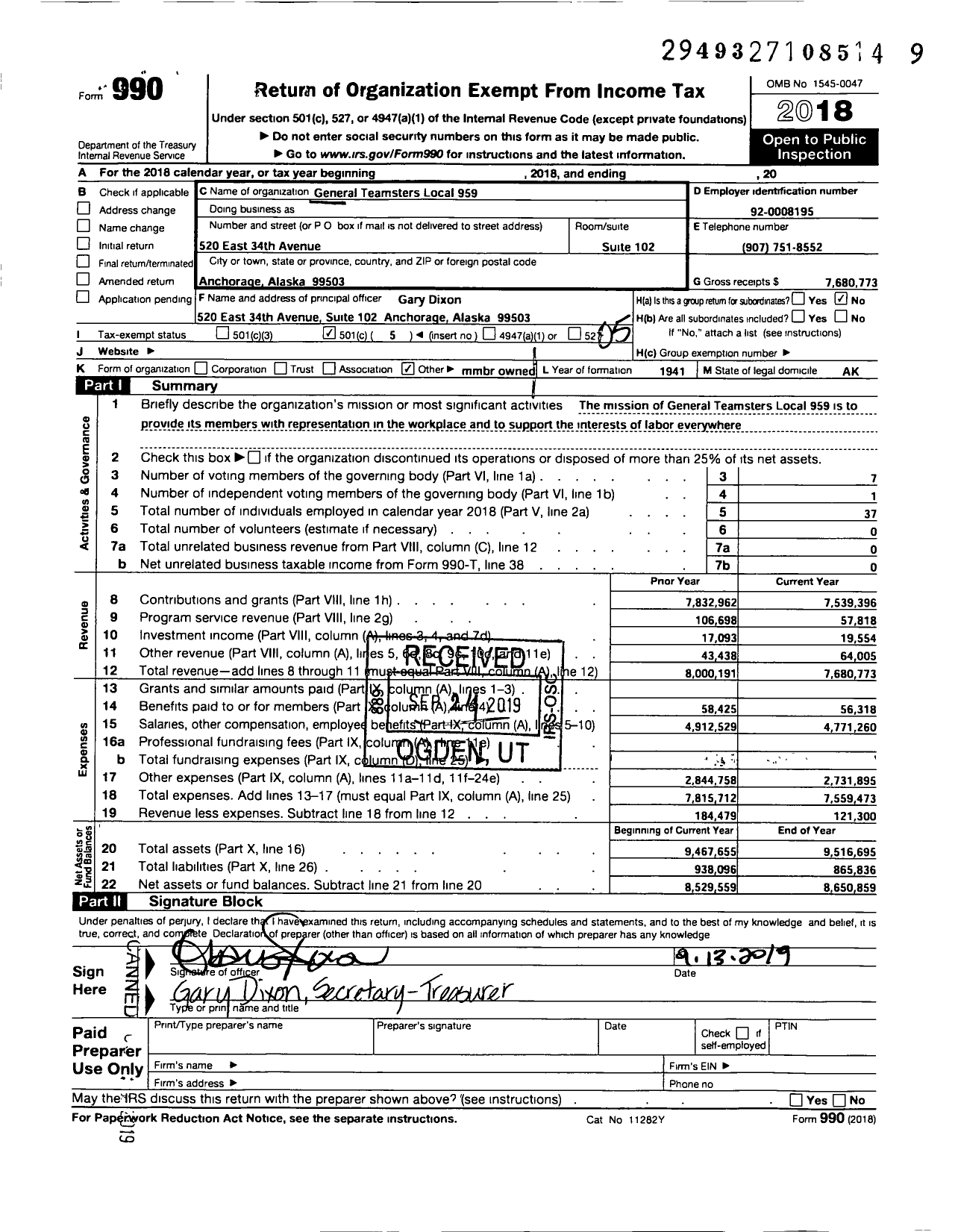 Image of first page of 2018 Form 990O for Teamsters - General Teamsters Local 959
