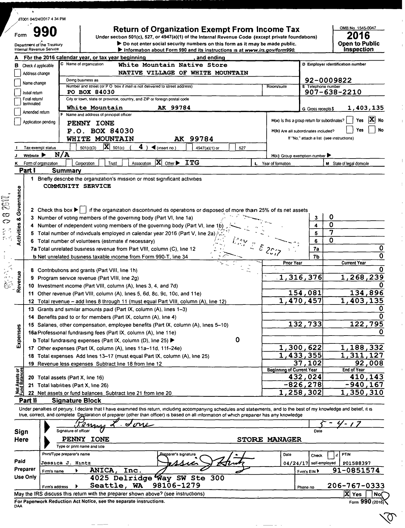 Image of first page of 2016 Form 990O for White Mountain Native Store Native Village of White Mountain