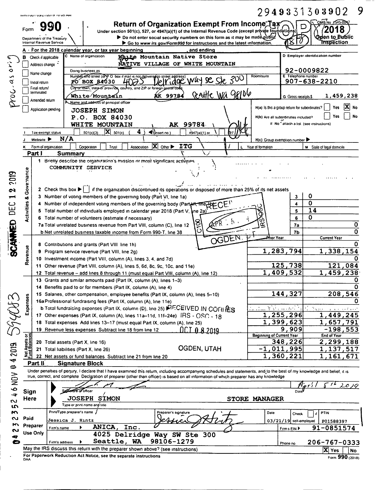 Image of first page of 2018 Form 990O for White Mountain Native Store Native Village of White Mountain