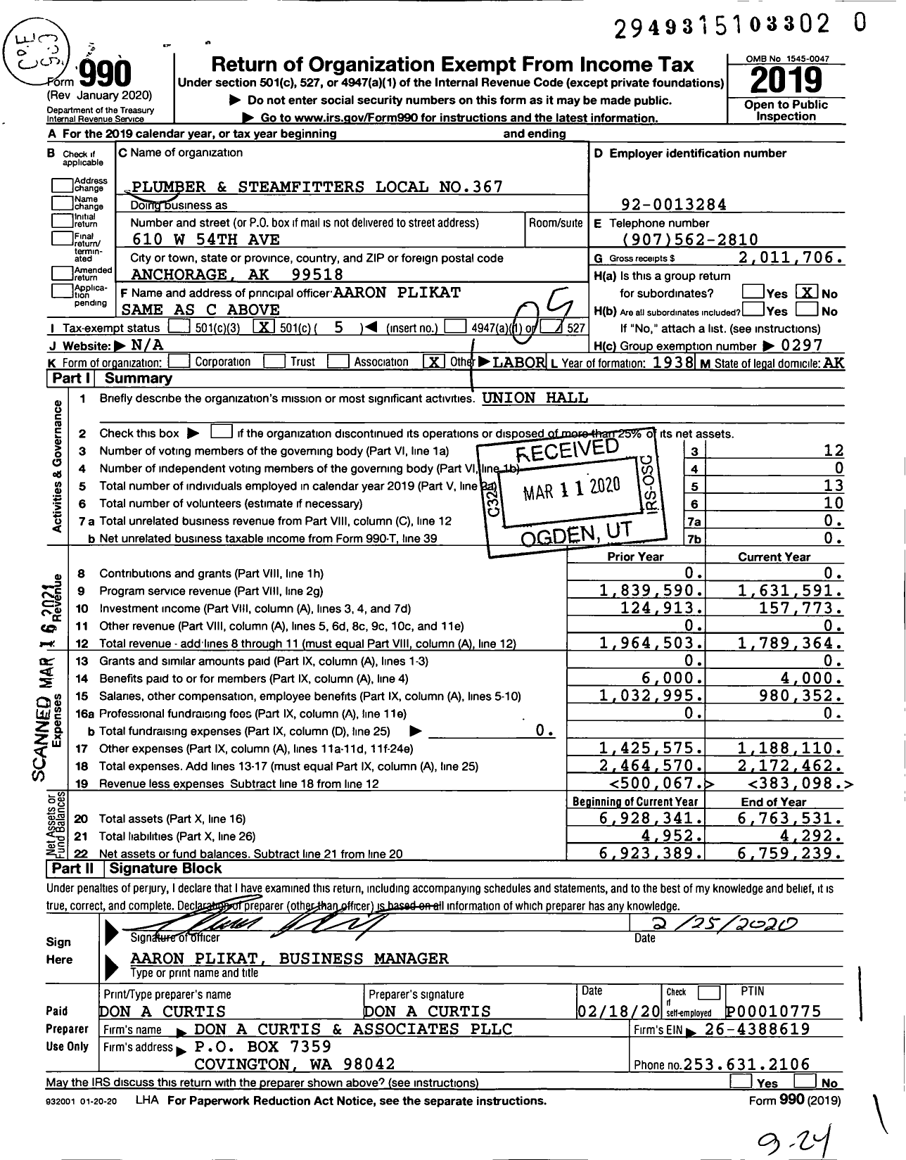 Image of first page of 2019 Form 990O for United Association - 367 PPF