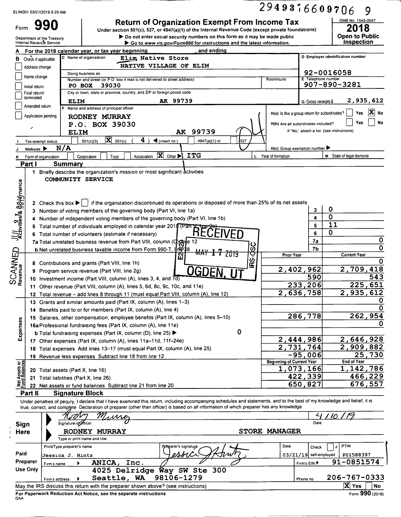 Image of first page of 2018 Form 990O for Elim Native Store