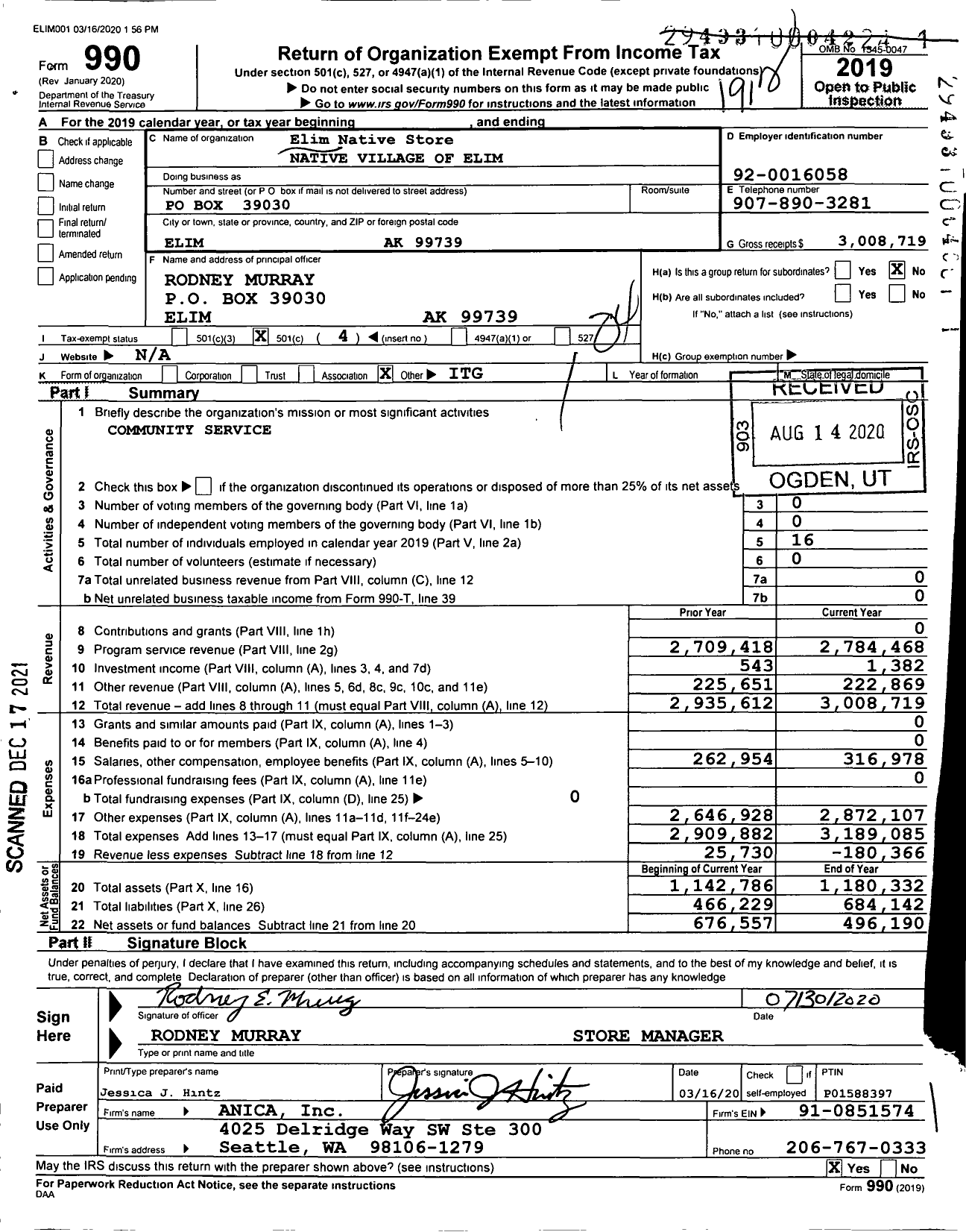 Image of first page of 2019 Form 990O for Elim Native Store