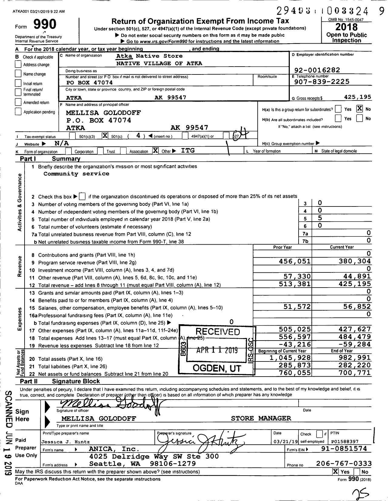 Image of first page of 2018 Form 990O for Atka Native Store Native Village of Atka