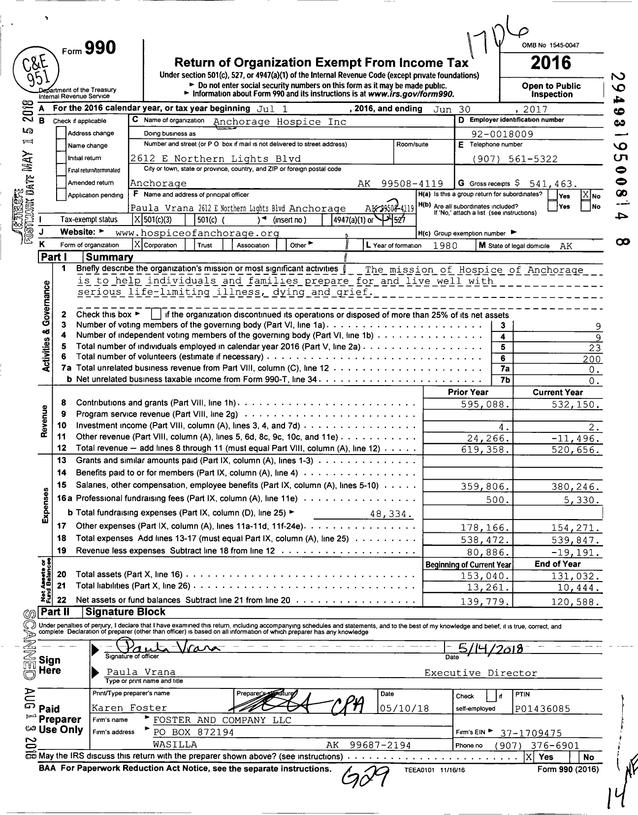 Image of first page of 2016 Form 990 for Hospice of Anchorage
