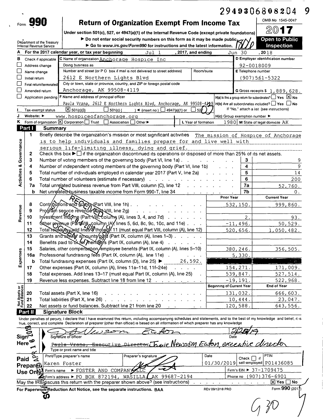 Image of first page of 2017 Form 990 for Hospice of Anchorage
