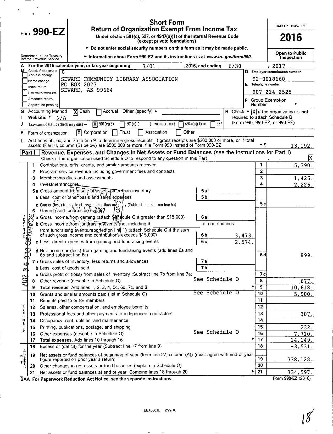 Image of first page of 2016 Form 990EZ for Seward Community Library Association