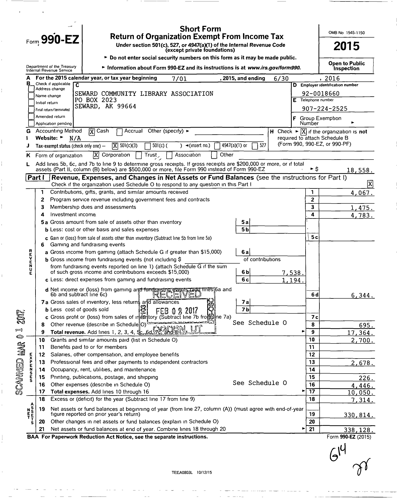 Image of first page of 2015 Form 990EZ for Seward Community Library Association