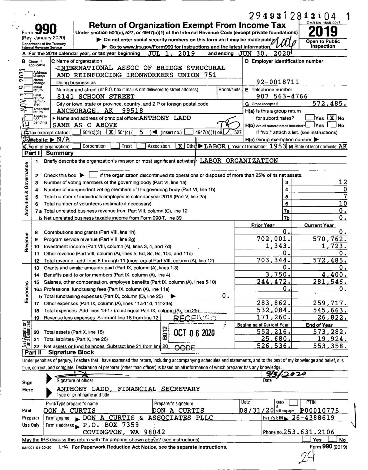 Image of first page of 2019 Form 990O for International Association of Bridge Structural Tural and Reinforcing Ironworkers