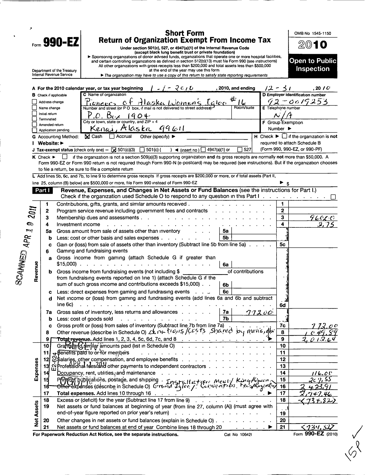 Image of first page of 2010 Form 990EZ for Pioneers of Alaska / Grand Igloo