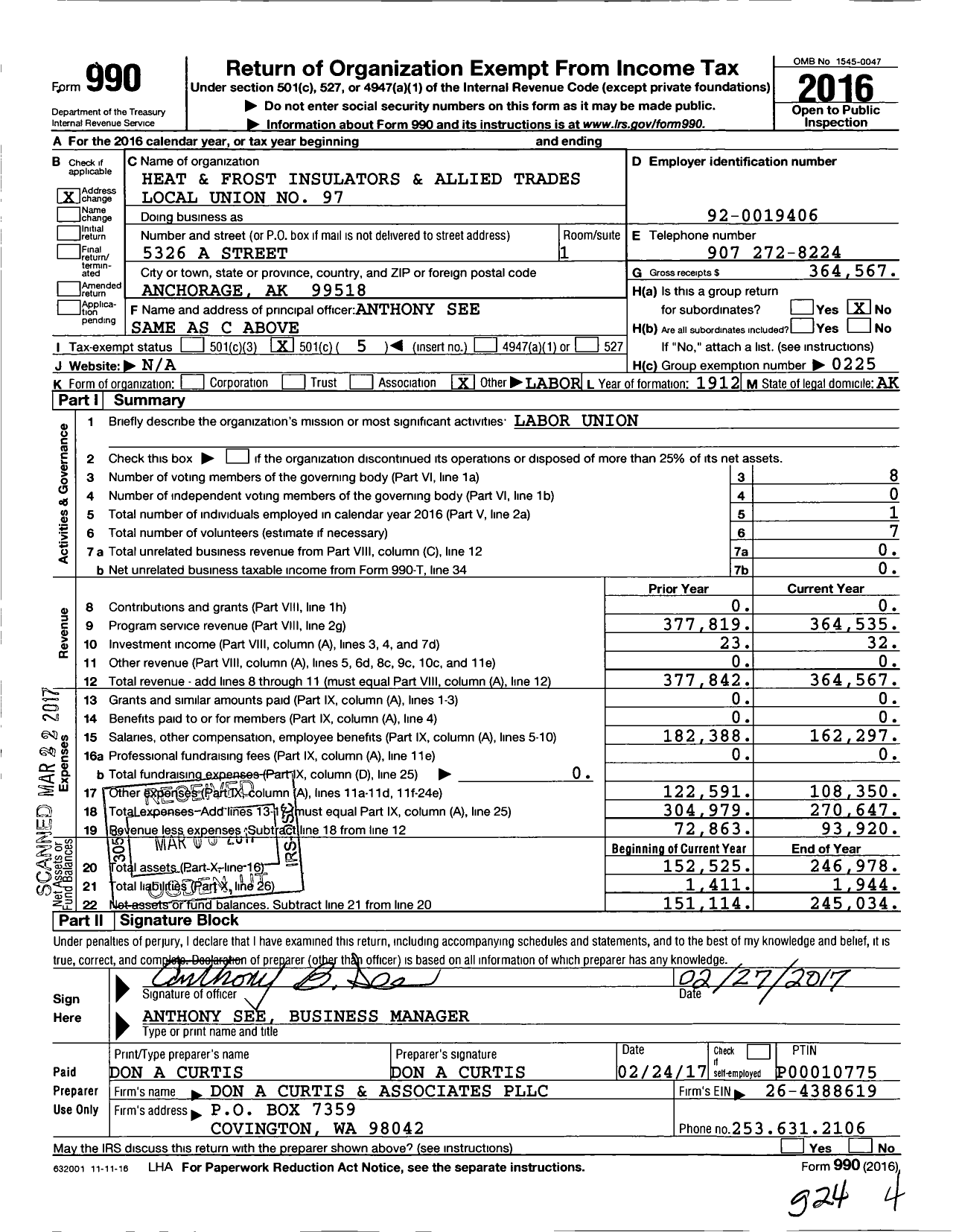 Image of first page of 2016 Form 990O for International Association of Heat and Frost Insulators and Allied Workers - 97 Awia