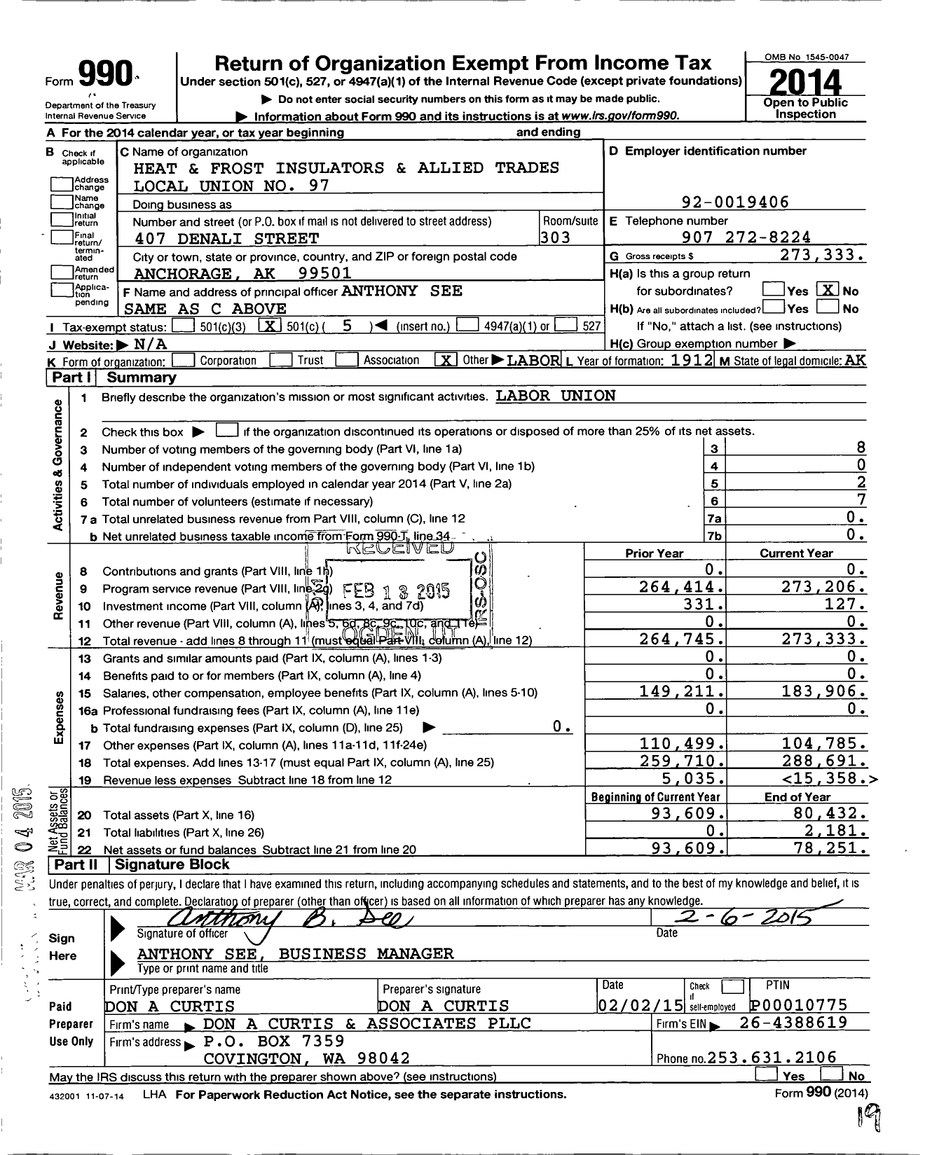 Image of first page of 2014 Form 990O for International Association of Heat and Frost Insulators and Allied Workers - 97 Awia
