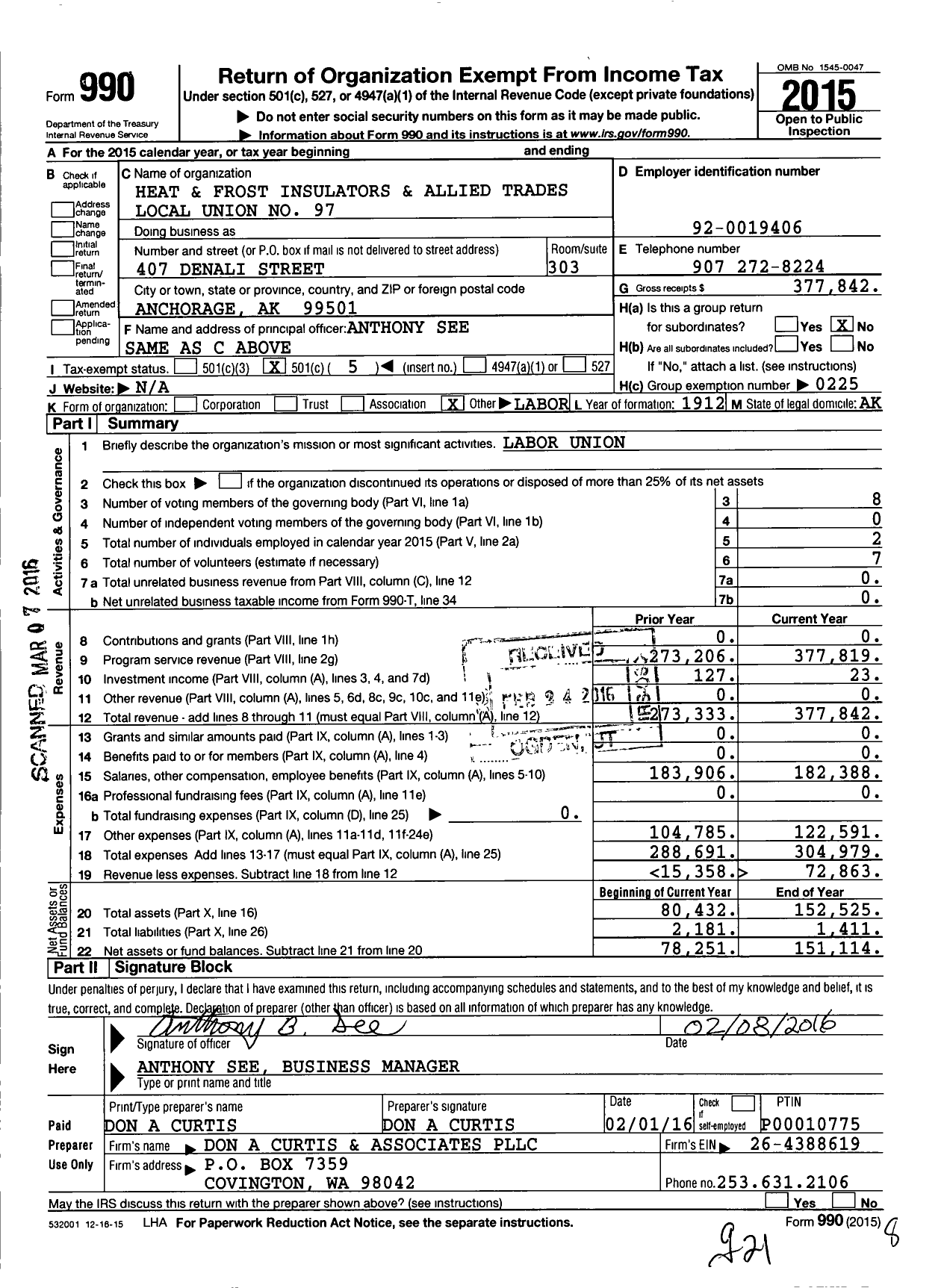 Image of first page of 2015 Form 990O for International Association of Heat and Frost Insulators and Allied Workers - 97 Awia