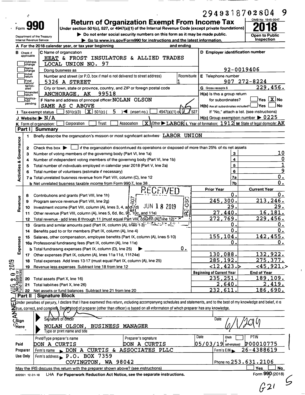 Image of first page of 2018 Form 990O for International Association of Heat and Frost Insulators and Allied Workers - 97 Awia