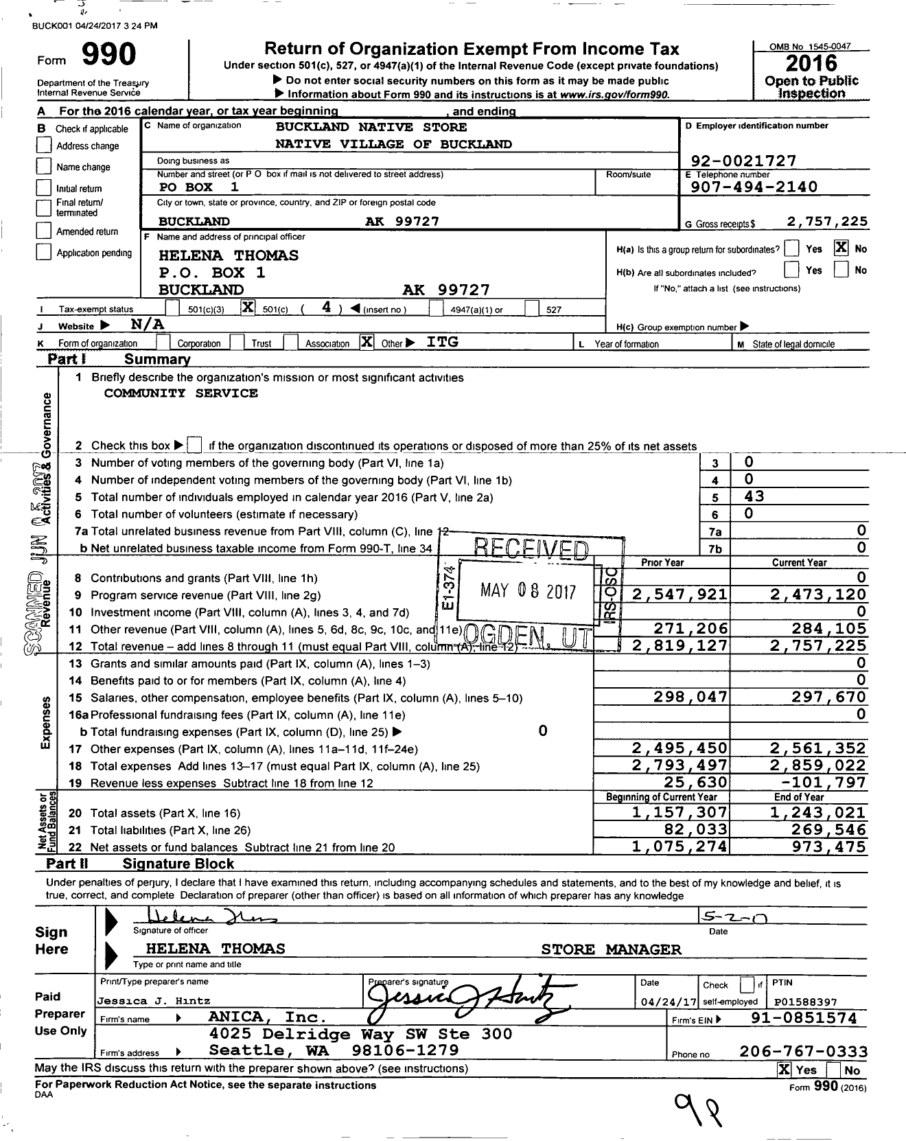 Image of first page of 2016 Form 990O for Buckland Native Store Native Village of Buckland