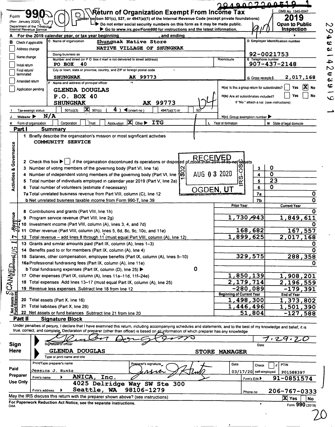 Image of first page of 2019 Form 990O for Shungnak Native Store