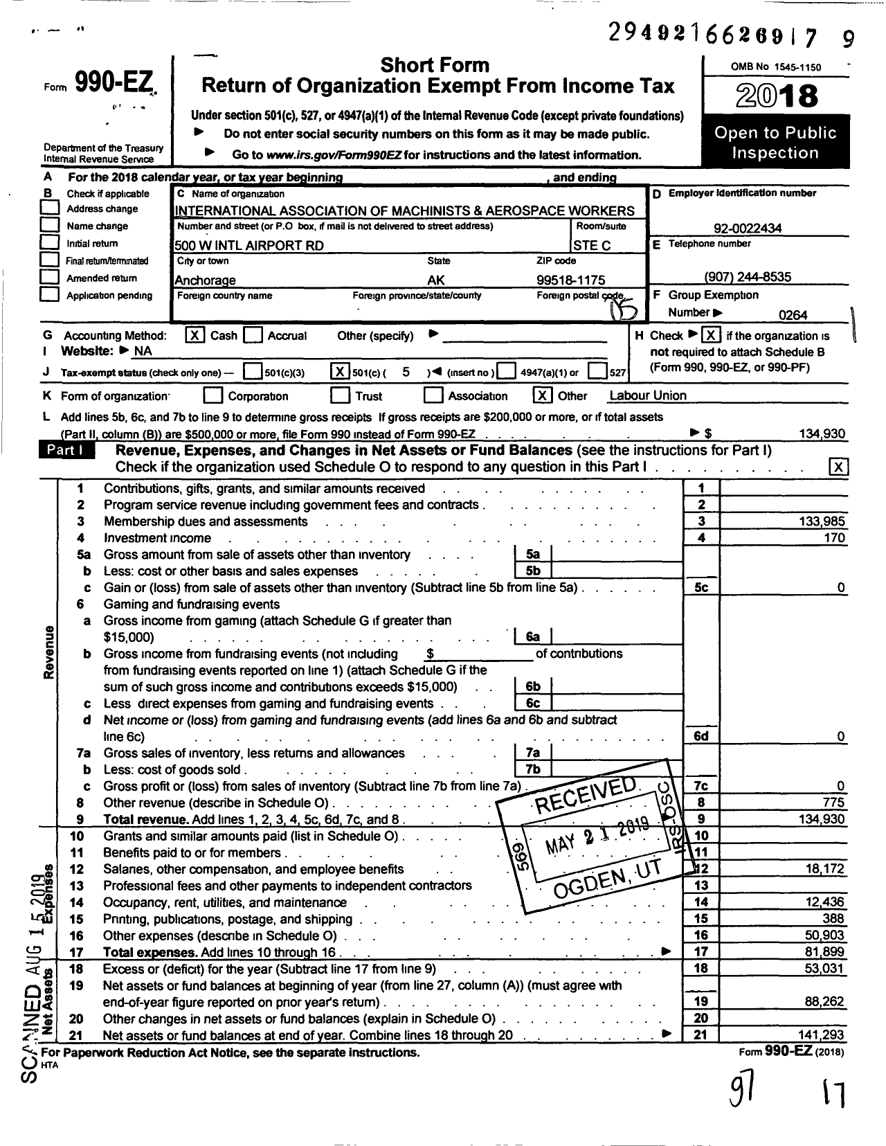 Image of first page of 2018 Form 990EO for International Association of Machinists and Aerospace Workers - 601