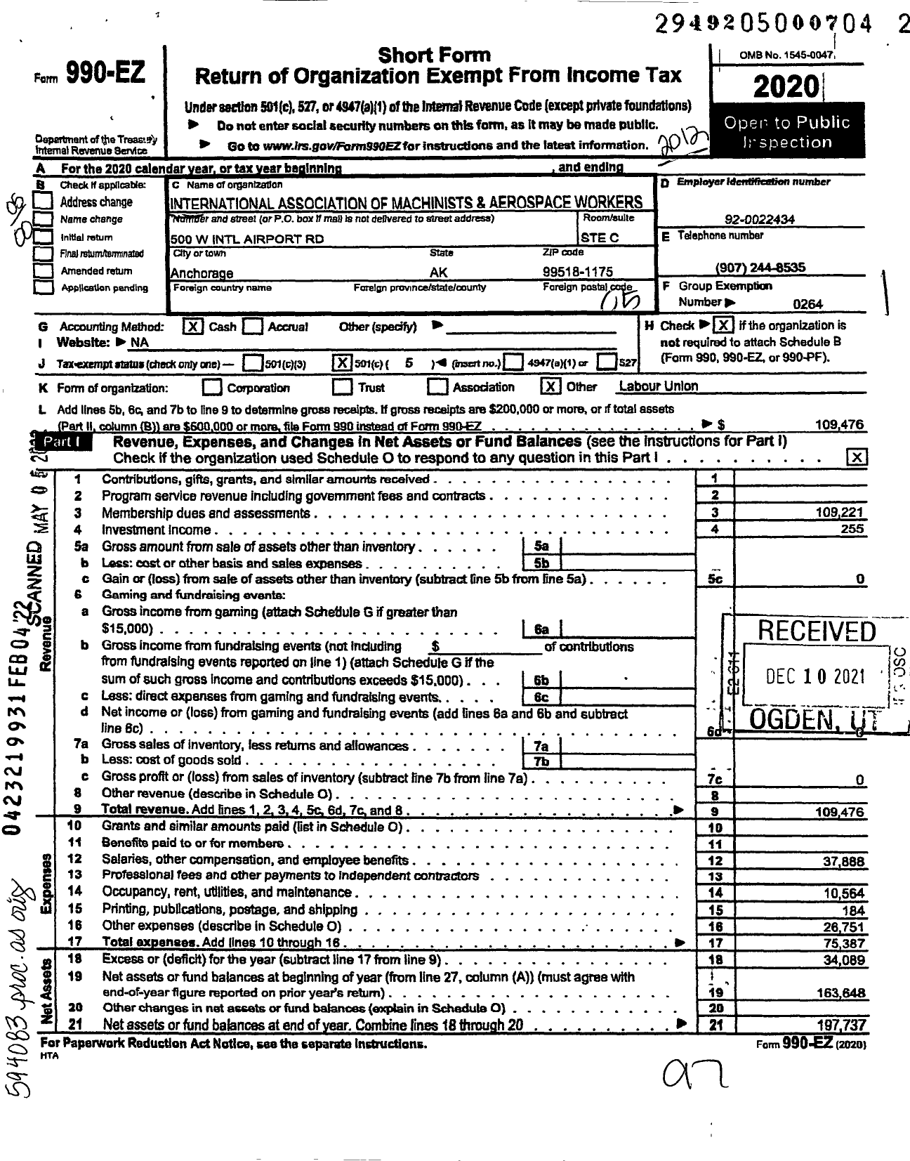 Image of first page of 2020 Form 990EO for International Association of Machinists and Aerospace Workers - 601