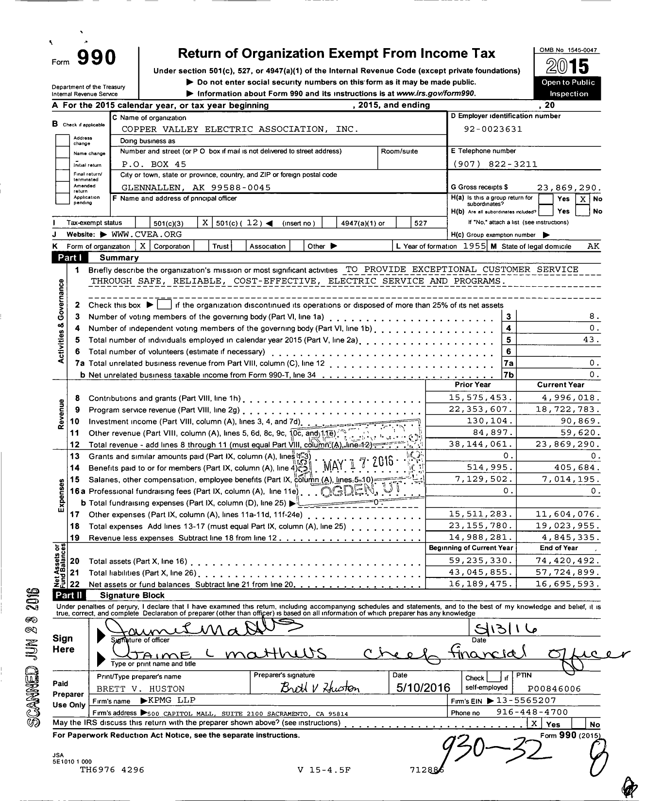 Image of first page of 2015 Form 990O for Copper Valley Electric Association