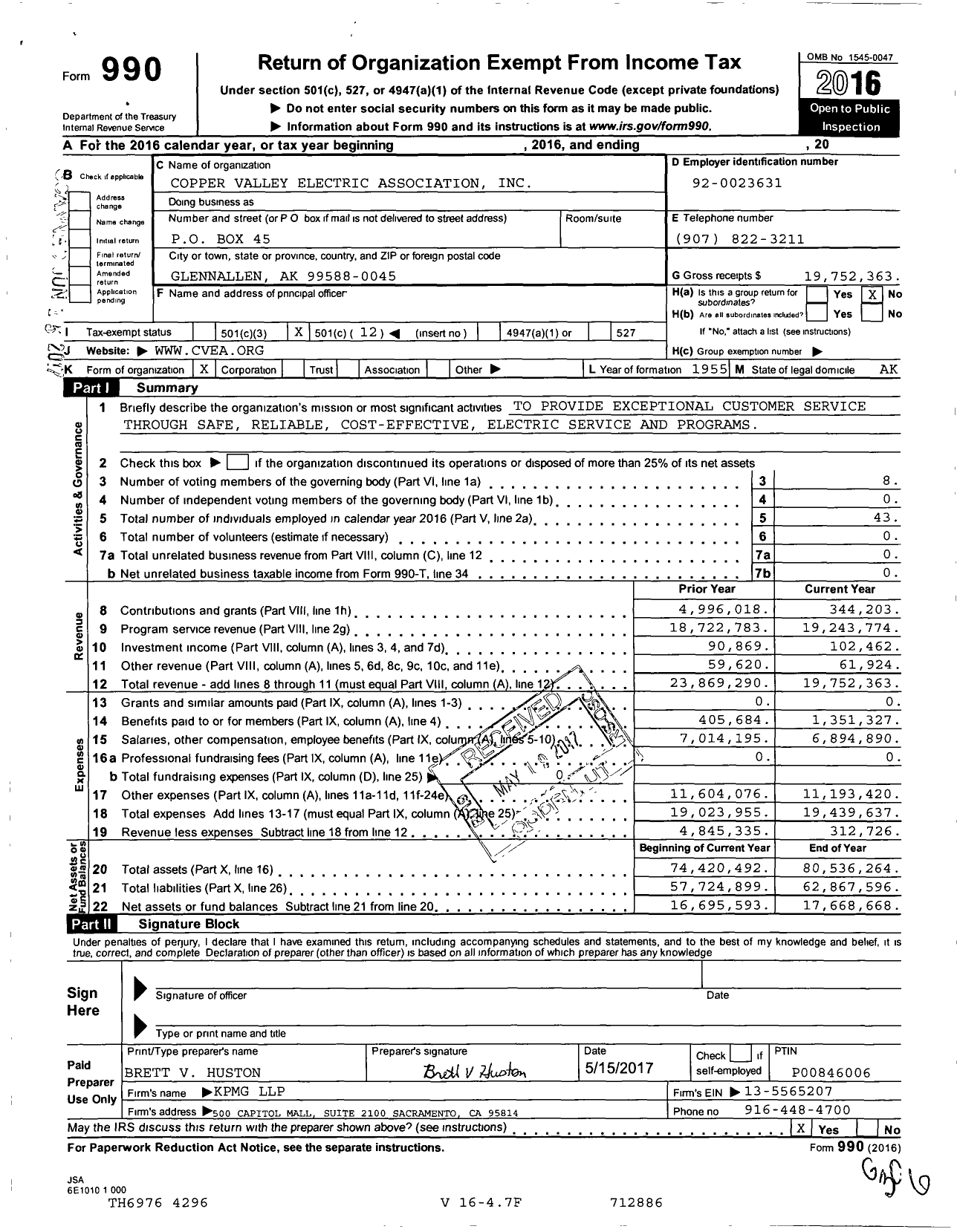 Image of first page of 2016 Form 990O for Copper Valley Electric Association