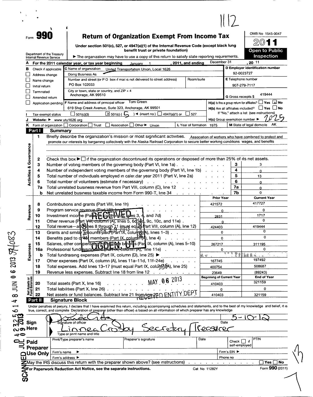 Image of first page of 2011 Form 990O for Smart Union - 1626 TD