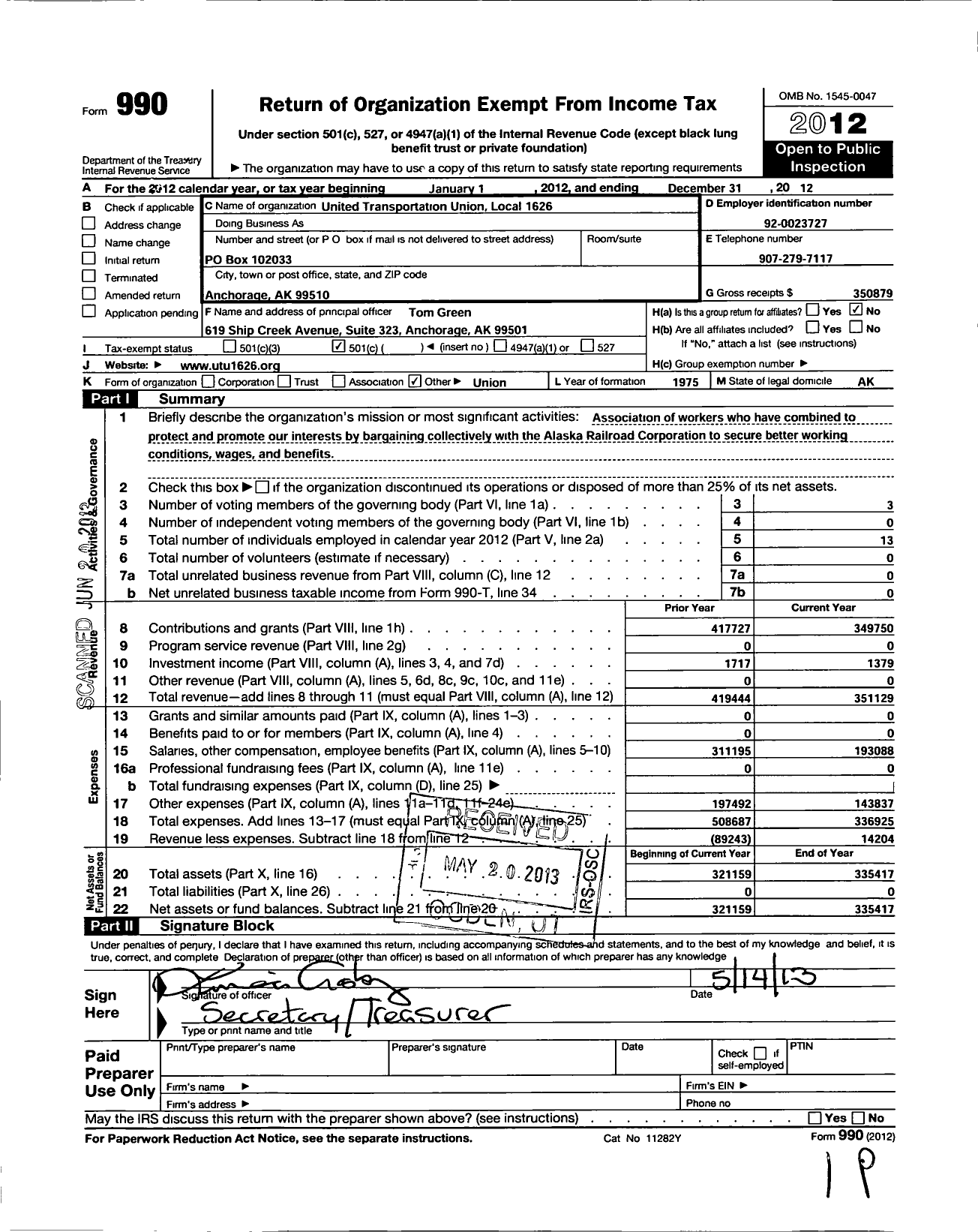 Image of first page of 2012 Form 990O for Smart Union - 1626 TD