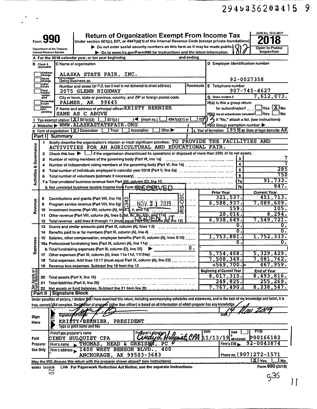 Image of first page of 2018 Form 990 for Alaska State Fair