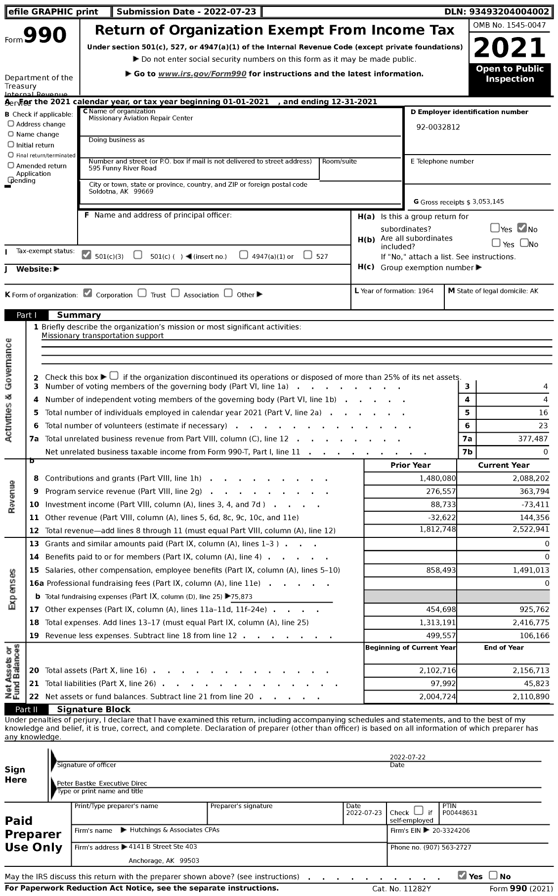 Image of first page of 2021 Form 990 for Missionary Aviation Repair Center