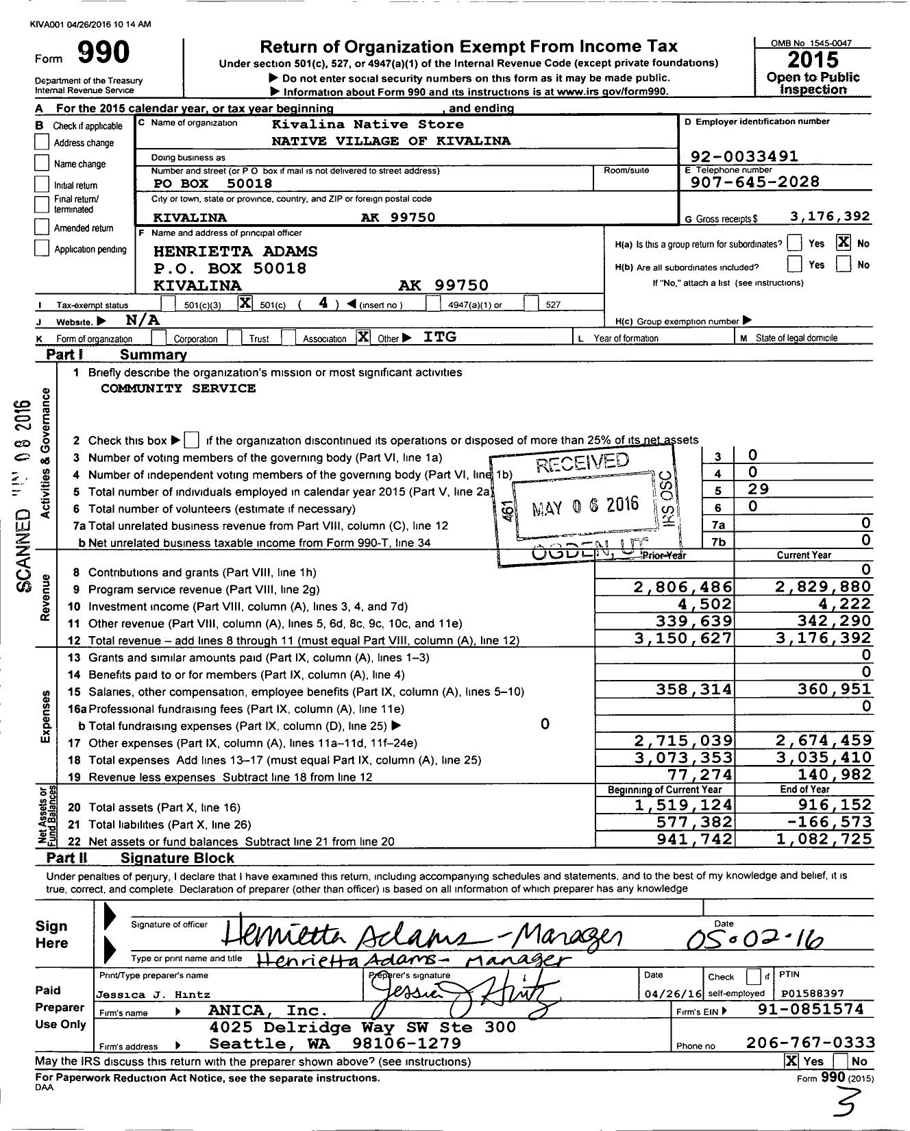 Image of first page of 2015 Form 990O for Kivalina Native Store