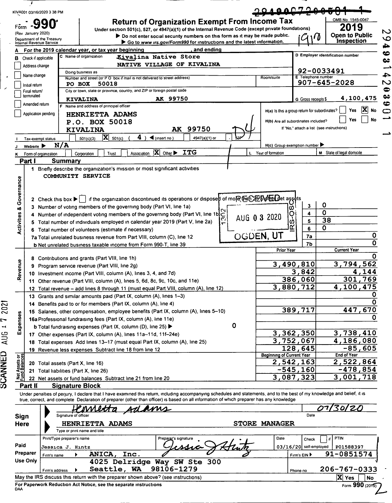 Image of first page of 2019 Form 990O for Kivalina Native Store