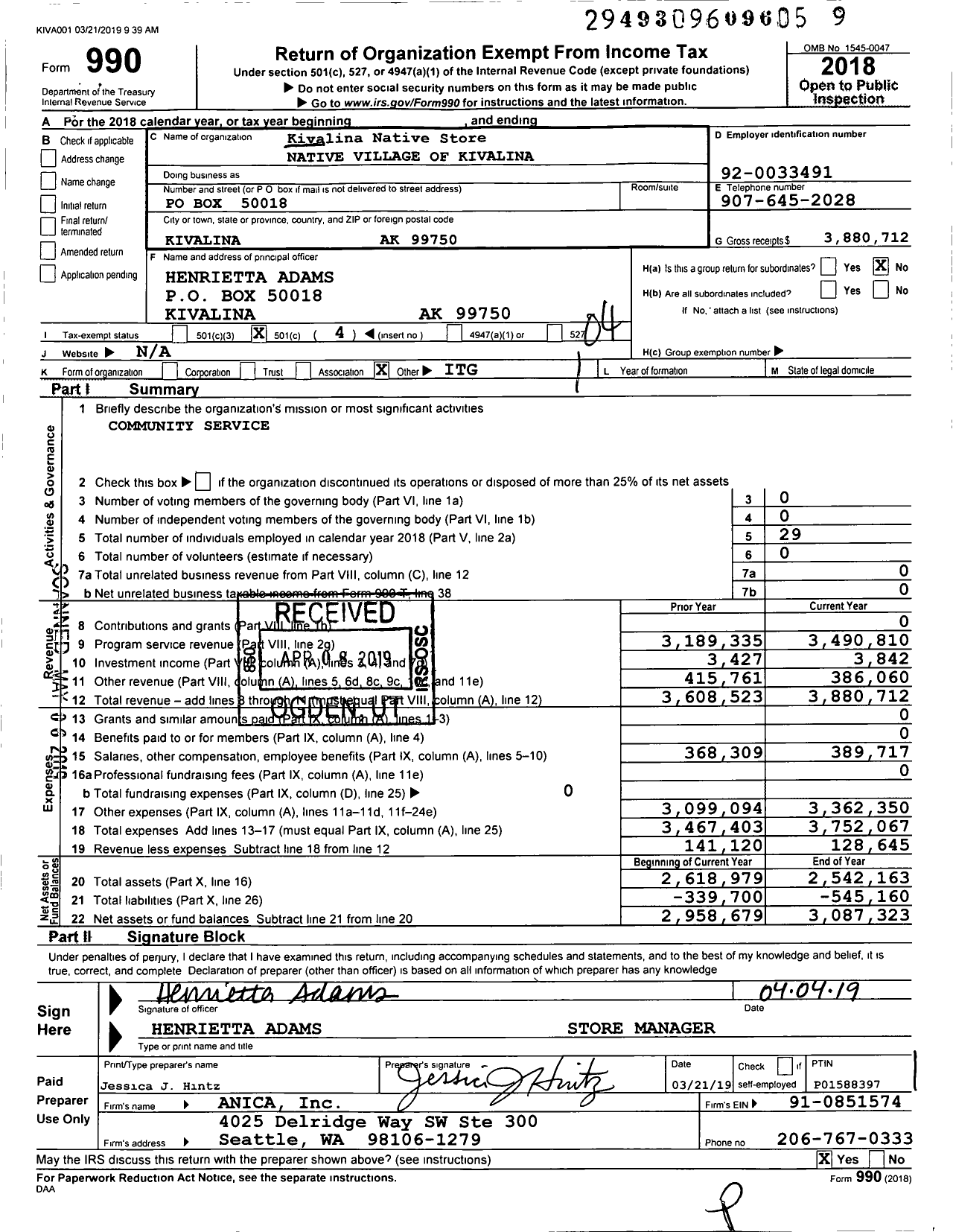 Image of first page of 2018 Form 990O for Kivalina Native Store