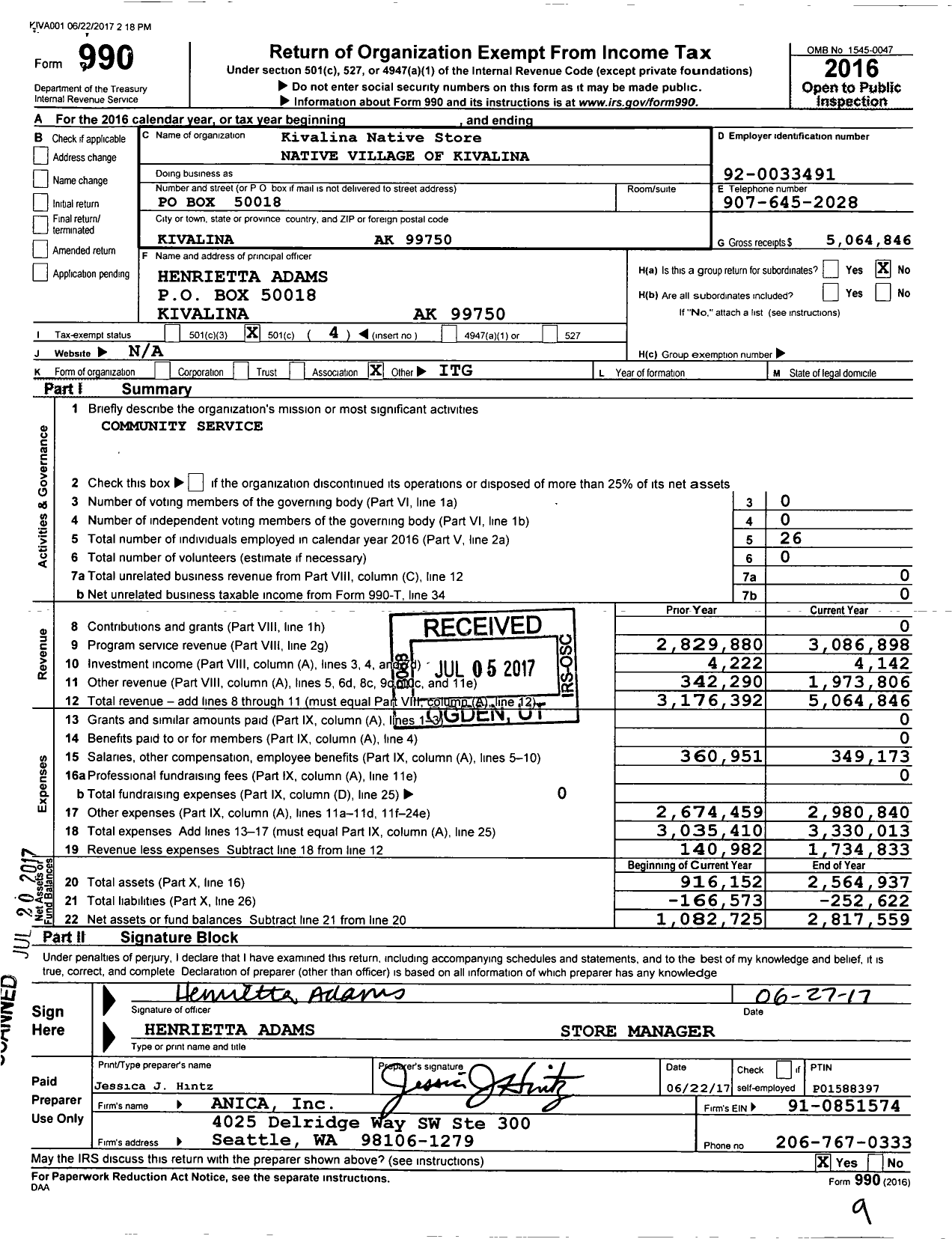 Image of first page of 2016 Form 990O for Kivalina Native Store