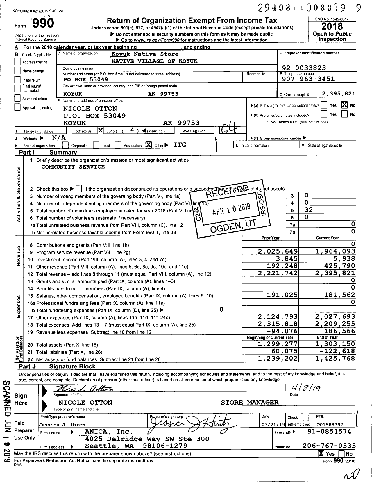 Image of first page of 2018 Form 990O for Koyuk Native Store Native Village of Koyuk