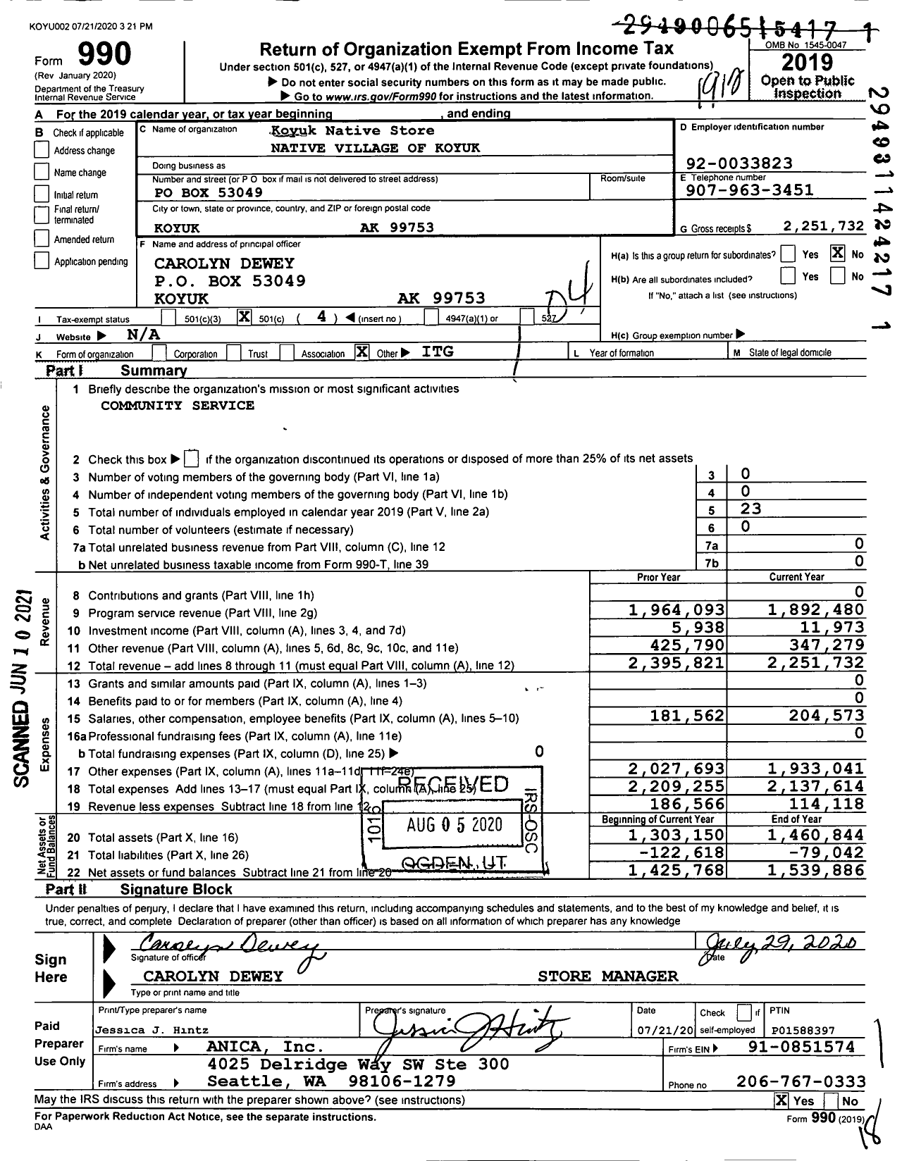 Image of first page of 2019 Form 990O for Koyuk Native Store Native Village of Koyuk