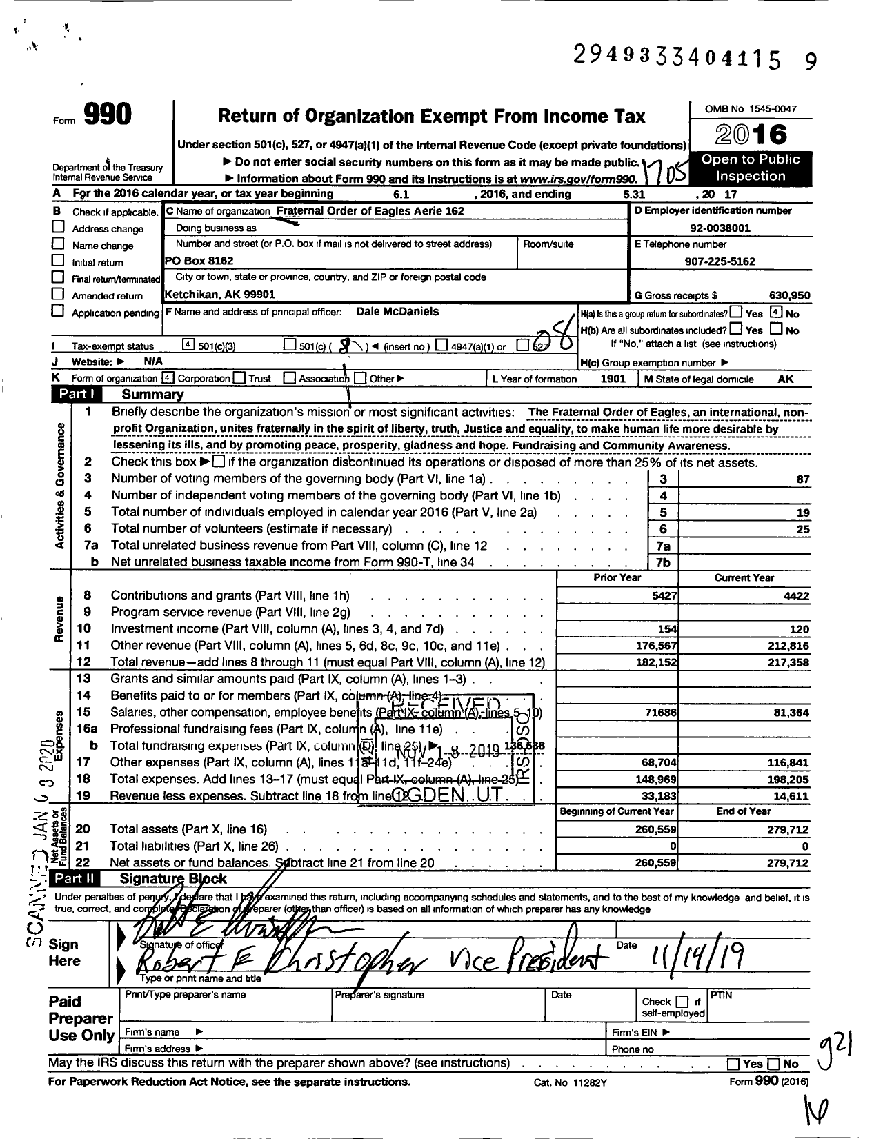 Image of first page of 2016 Form 990O for Fraternal Order of Eagles - 162 Aerie