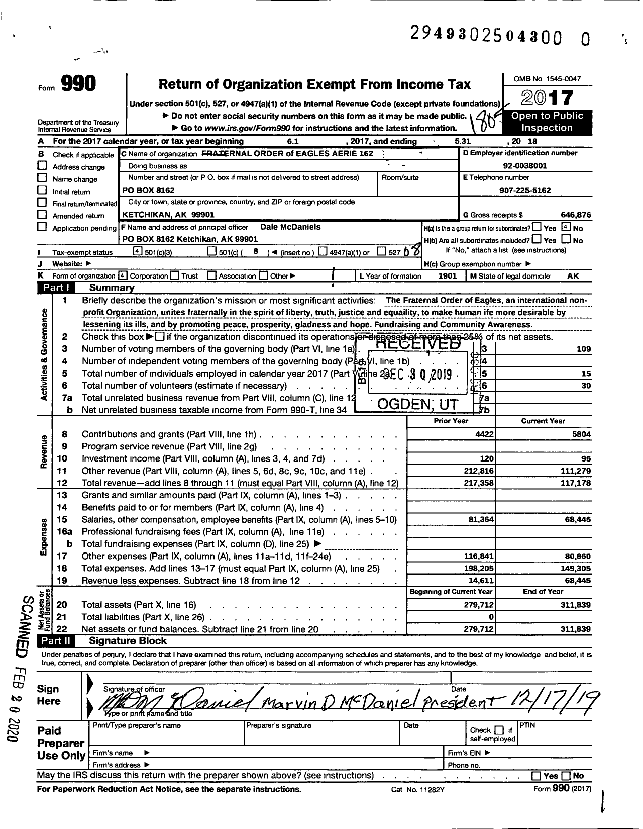 Image of first page of 2017 Form 990O for Fraternal Order of Eagles - 162 Aerie